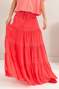 Tiered maxi skirt in deep coral